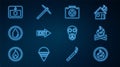 Set line Fire flame, Campfire, First aid kit, exit, Water drop, alarm system, Gas mask and Pickaxe icon. Vector Royalty Free Stock Photo