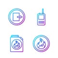 Set line Fire flame, Canister for flammable liquids, Fire exit and Walkie talkie. Gradient color icons. Vector Royalty Free Stock Photo