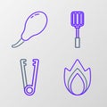 Set line Fire flame, Meat tongs, Spatula and Chicken leg icon. Vector