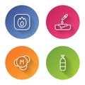 Set line Fire flame, Petri dish with pipette, Molecule and Propane gas tank. Color circle button. Vector Royalty Free Stock Photo