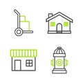 Set line Fire hydrant, Shopping building or market store, House and Hand truck and boxes icon. Vector Royalty Free Stock Photo