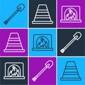 Set line Fire shovel, Interior fireplace and Traffic cone icon. Vector