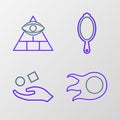 Set line Fireball, Cube levitating above hand, Magic mirror and Masons icon. Vector