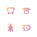 Set line Fireball, Dream catcher with feathers, Witch cauldron and Magician hat. Gradient color icons. Vector