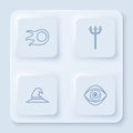 Set line Fireball, Neptune Trident, Witch hat and Hypnosis. White square button. Vector