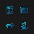 Set line Firefighter, Burning car, Matchbox and matches and Building of fire station. Gradient color icons. Vector Royalty Free Stock Photo