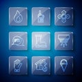 Set line Firefighter gloves, in burning house, cone bucket, boots, Telephone call 911, flame and Smoke alarm system icon Royalty Free Stock Photo