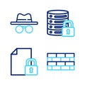 Set line Firewall, security wall, Document and lock, Server with and Incognito mode icon. Vector Royalty Free Stock Photo