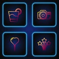 Set line Firework, Balloon in form of heart, Cocktail and Photo camera. Gradient color icons. Vector