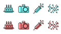 Set line Firework rocket, Cake with burning candles, Photo camera and Festive confetti icon. Vector