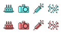 Set line Firework rocket, Cake with burning candles, Photo camera and Festive confetti icon. Vector Royalty Free Stock Photo