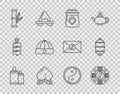 Set line Firework, Yin Yang, Jar of honey, Peach fruit, Bamboo, Chinese hat, and paper lantern icon. Vector