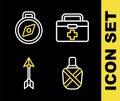 Set line First aid kit, Canteen water bottle, Hipster arrow and Compass icon. Vector