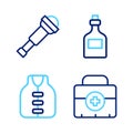 Set line First aid kit, Life jacket, Rum bottle and Spyglass telescope lens icon. Vector Royalty Free Stock Photo