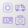 Set line First aid kit, Monitor with cardiogram, Ambulance and Emergency - Star of Life icon. Vector