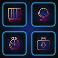 Set line First aid kit, Perfume, Towel stack and Round makeup mirror. Gradient color icons. Vector