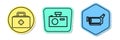 Set line First aid kit, Photo camera and Cinema camera. Colored shapes. Vector Royalty Free Stock Photo