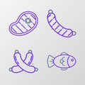 Set line Fish, Crossed sausage, Sausage and Steak meat icon. Vector