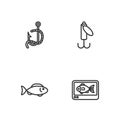 Set line Fish finder echo sounder, Fishing hook and worm and lure icon. Vector Royalty Free Stock Photo