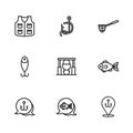 Set line Fish, Fishing hook, Campfire and pot, net, jacket, worm and lure icon. Vector Royalty Free Stock Photo