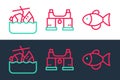 Set line Fish, Sinking cruise ship and Binoculars icon. Vector