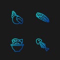 Set line Fish skeleton, Served fish a bowl, Scallop sea shell and steak. Gradient color icons. Vector Royalty Free Stock Photo