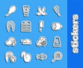 Set line Fish steak in frying pan, Salt, Salami sausage, Crossed, Burger, Chicken leg and Meat chopper icon. Vector Royalty Free Stock Photo