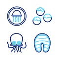 Set line Fish steak, Octopus, Takoyaki and Jellyfish on plate icon. Vector