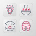 Set line Fish steak, Shell with pearl, Soup shrimps and Caviar icon. Vector