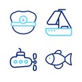 Set line Fish, Submarine, Yacht sailboat and Captain hat icon. Vector Royalty Free Stock Photo