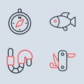 Set line Fish, Worm, Swiss army knife and Compass icon. Vector