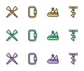 Set line Fisherman in boat, Crossed oars or paddles, Carabiner and Hand ice drill icon. Vector Royalty Free Stock Photo