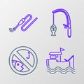 Set line Fishing boat with fishing rod on water, No, and and line hook float icon. Vector Royalty Free Stock Photo