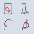 Set line Fishing boots, rod, hook and worm and Served fish on plate icon. Vector Royalty Free Stock Photo