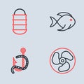 Set line Fishing bucket with fish, hook and worm, Outboard boat motor and net icon. Vector Royalty Free Stock Photo