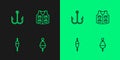Set line Fishing float, hook and jacket icon. Vector