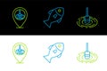 Set line Fishing float in water, Location fishing and icon. Vector