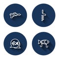 Set line Fishing harpoon, Hand ice drill, and lure with long shadow. Blue circle button. Vector Royalty Free Stock Photo