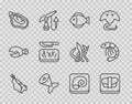 Set line Fishing harpoon, Sushi cutting board, tail, Mussel, Cutting and knife, Octopus plate and Shrimp icon. Vector