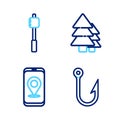 Set line Fishing hook, City map navigation, Tree and Marshmallow stick icon. Vector