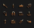 Set line Fishing hook and float, boat with fishing rod on water, net, Spinning reel for, and boots icon. Vector