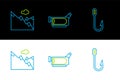 Set line Fishing hook, Mountains and Cinema camera icon. Vector