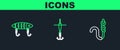 Set line Fishing hook and worm, lure and float icon. Vector