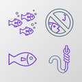 Set line Fishing hook and worm, No fishing and icon. Vector
