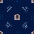 Set line Fishing jacket, Fisherman boat and net pattern on seamless pattern. Vector Royalty Free Stock Photo