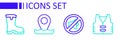 Set line Fishing jacket, Speaker mute, Location fishing and boots icon. Vector