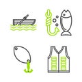 Set line Fishing jacket, spoon, and boat with oars water icon. Vector Royalty Free Stock Photo