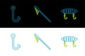 Set line Fishing lure, hook and net icon. Vector