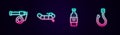 Set line Fishing rod, Inflatable boat with motor, Bottle of vodka and hook. Glowing neon icon. Vector