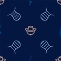 Set line Fishing rod, net and Fisherman hat on seamless pattern. Vector Royalty Free Stock Photo